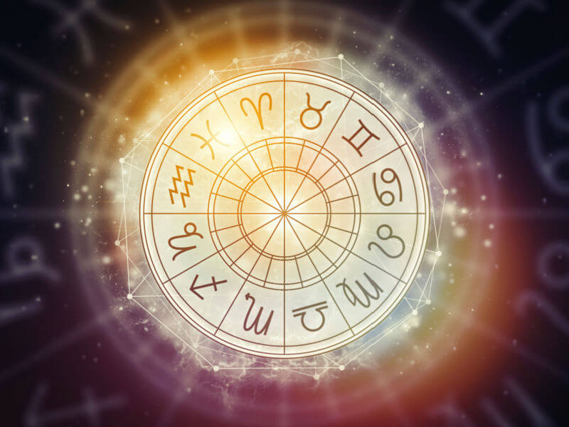 Ilustração de um circulo com os 12 signos do zodíaco