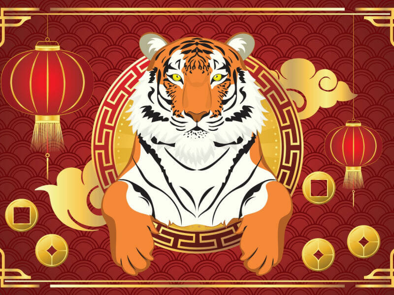 Ilustração de um Tigre em um fundo vermelho