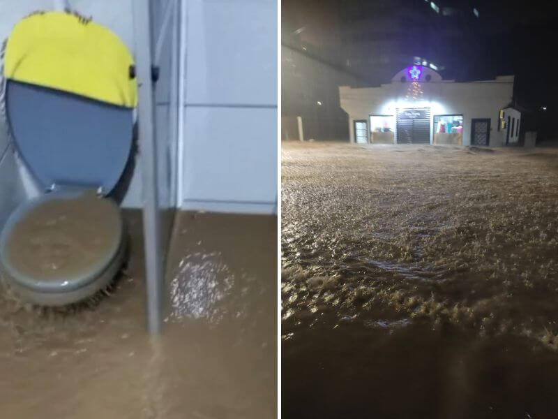 Imagens mostram vaso sanitário transbordando e ruas alagadas