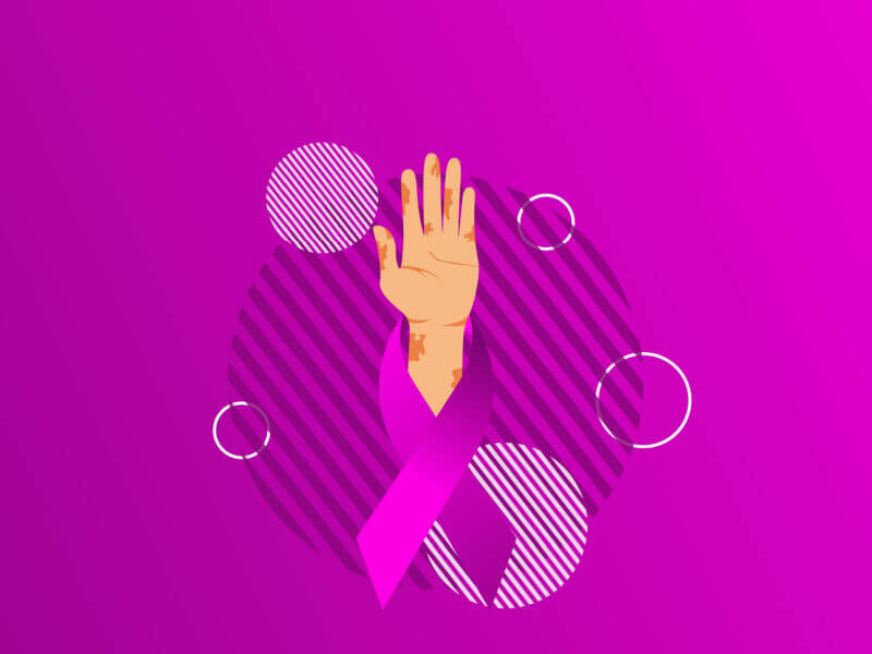 Ilustração de uma mão com manhas e um laço roxo em volta