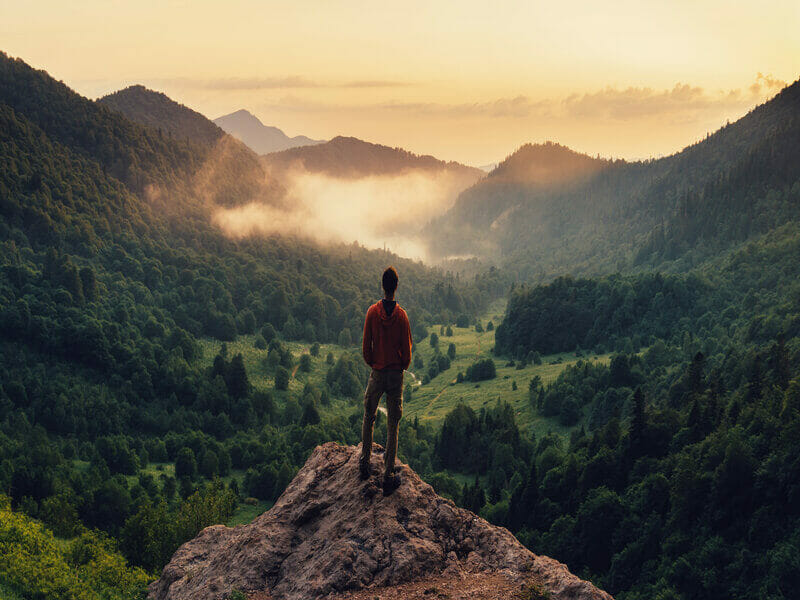 Homem olhando para o horizonte com árvores e montanhas
