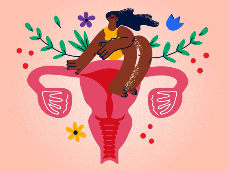 Ilustração colorida de útero com mulher em cima e flores
