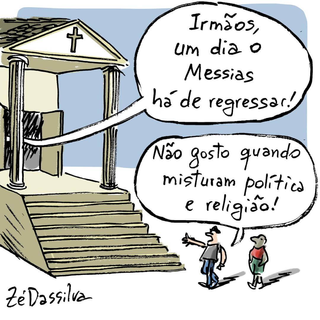Personagem aponta para um templo que menciona a palavra "messias" e diz que não gosta quando se mistura politica e religião