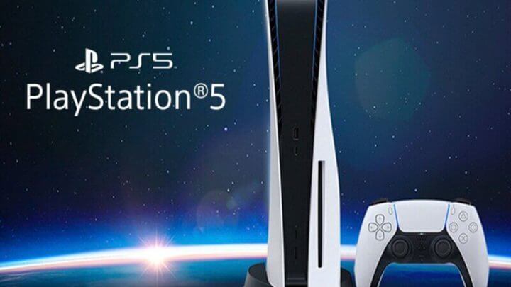 Playstation 5 em frente a um fundo de céu estrelado