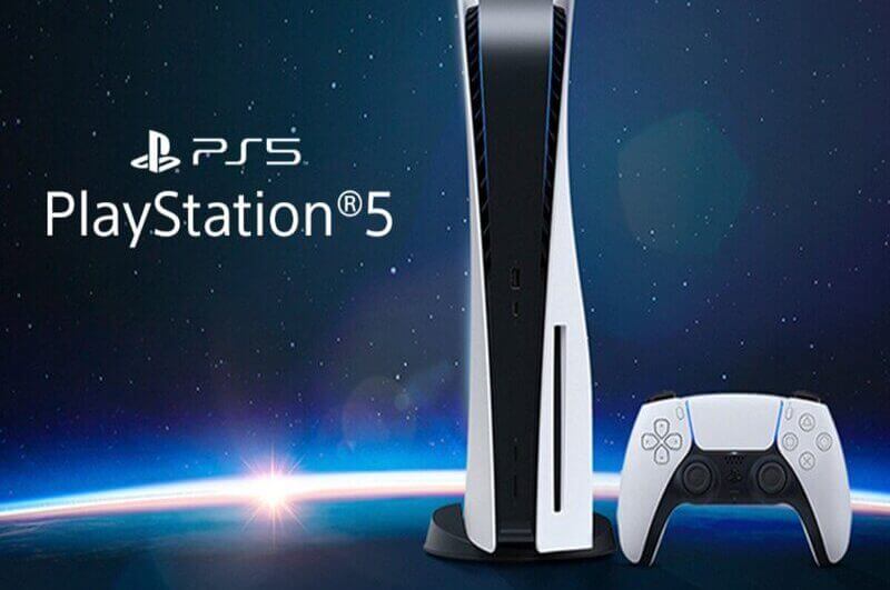 Playstation 5 em frente a um fundo de céu estrelado
