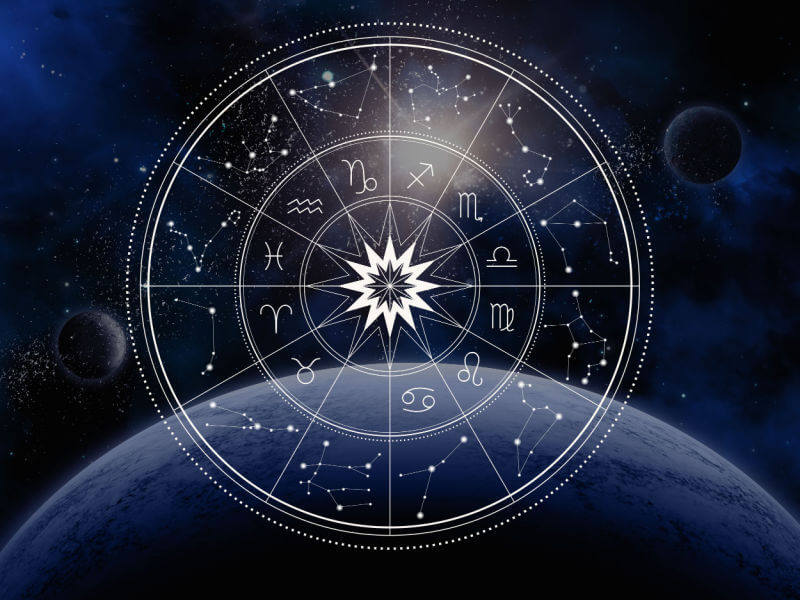 Ilustração de um circulo com os 12 signos do zodíaco