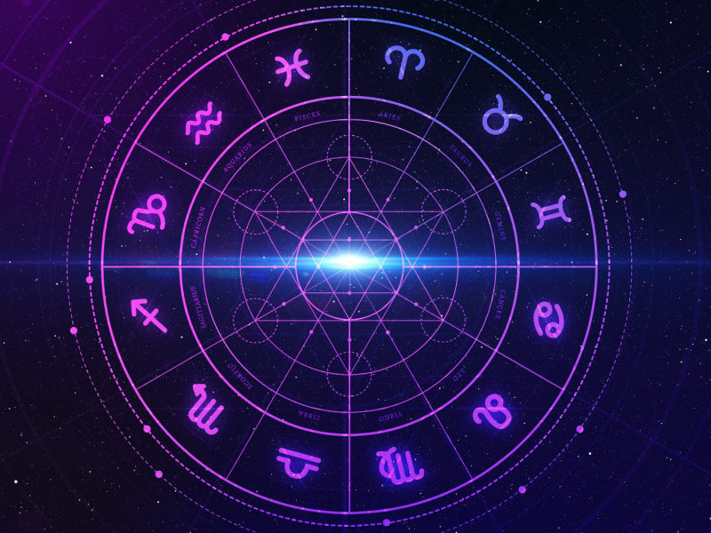 Ilustração dos 12 signos do zodiaco dentro de um circulo em um céu estrelado