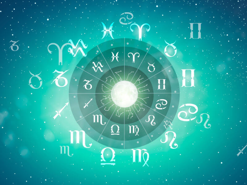 Ilustração de um circulo com os 12 signos do zodíaco