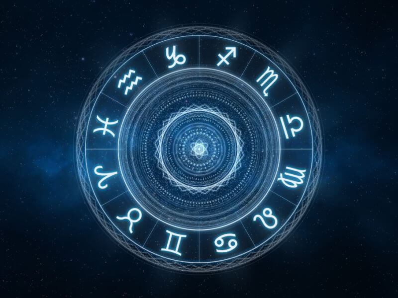 Ilustração dos 12 signos do zodiaco dentro de um circulo em um céu estrelado