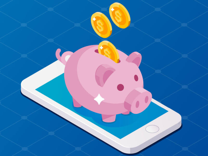 Ilustração de dinheiro entrandno em cofrinho em cima do celular