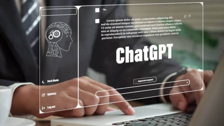 Imagem digital de homem mexendo em notebook e acessando o chat GPT