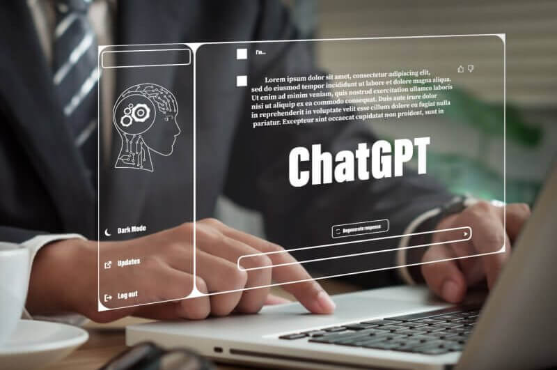 Imagem digital de homem mexendo em notebook e acessando o chat GPT