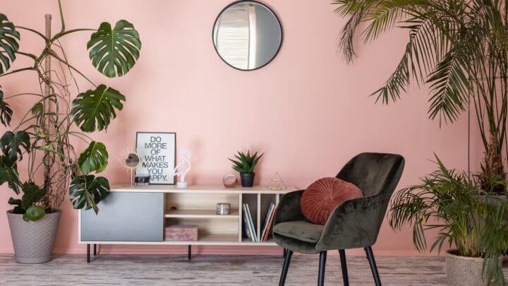Sala de estar com parede rosa, cadeira marrom, espelho e plantas