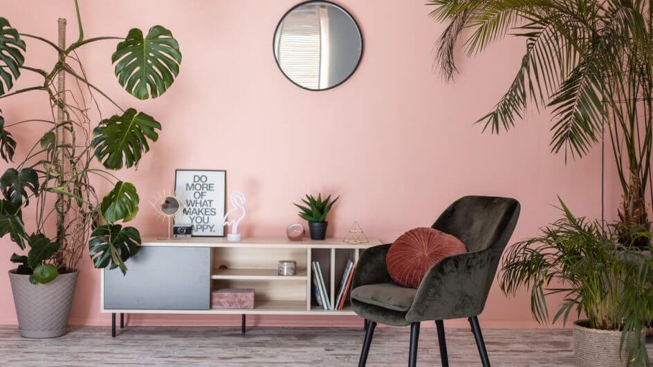 Sala de estar com parede rosa, cadeira marrom, espelho e plantas