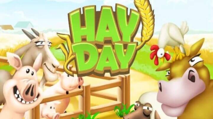 Imagem com o título "Hay Day" no centro e animais de fazenda em volta