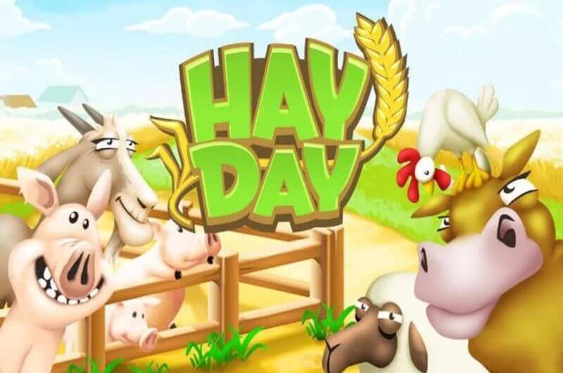 Imagem com o título "Hay Day" no centro e animais de fazenda em volta