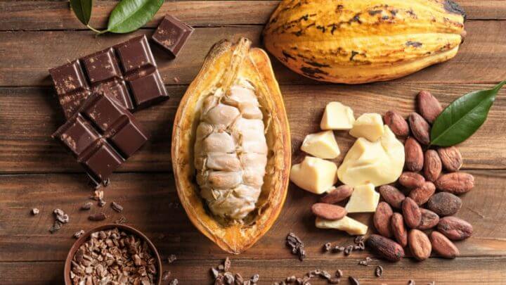 Fruto de cacau e pedaços de chocolate em cima de uma mesa de madeira