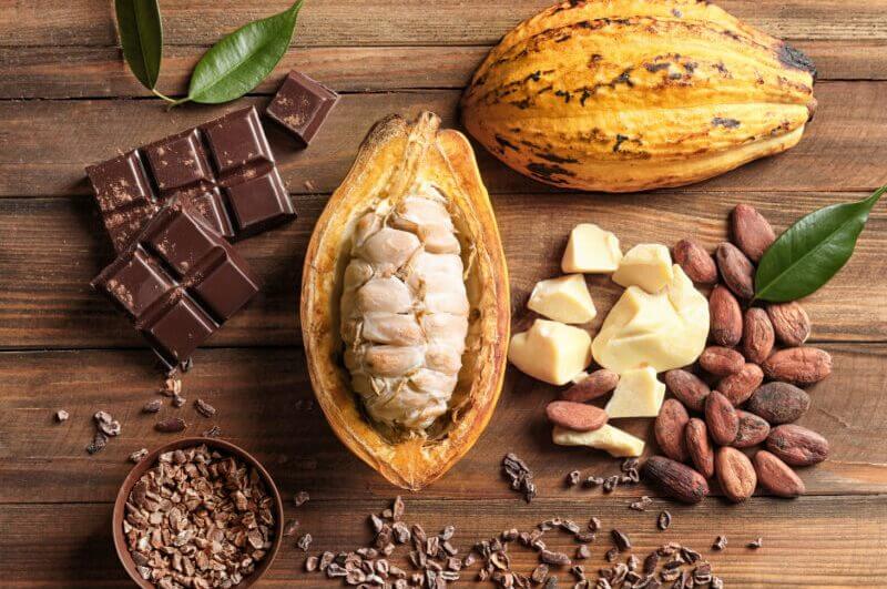 Fruto de cacau e pedaços de chocolate em cima de uma mesa de madeira