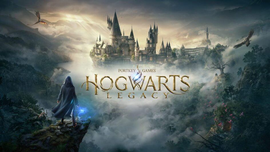 Tela do jogo Hogwarts Legacy, com console de XBOX ao lado e varinha de magia do filme