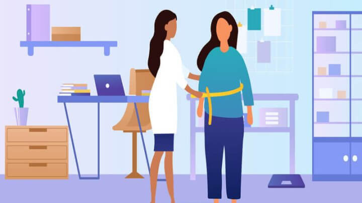 Ilustração de uma médica medindo a cintura de uma paciente