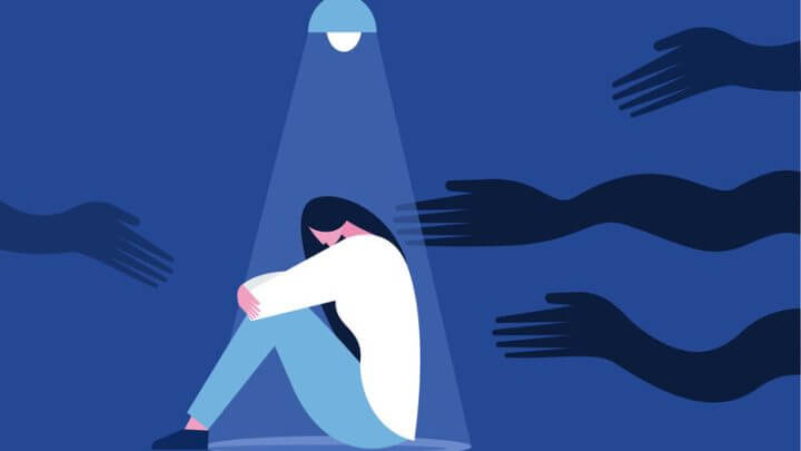 Ilustração de sombras de mãos indo em direção a uma mulher