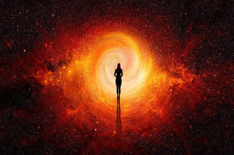 Ilustração de uma pessoa em um céu escuro e estrelado
