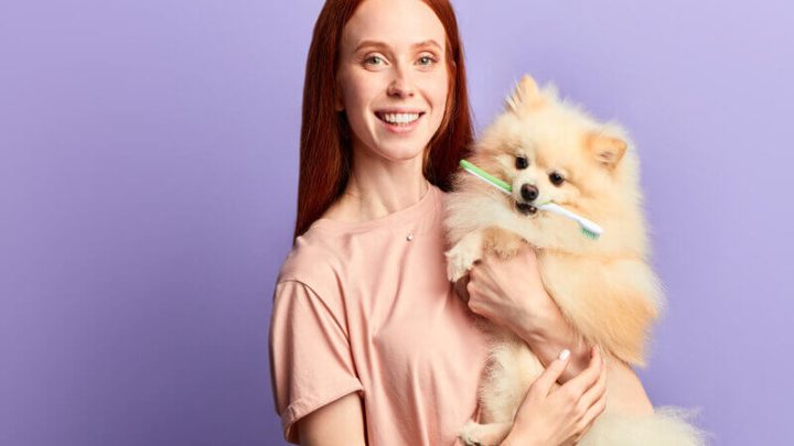 Mulher com cabelo ruivo segurando cachorro com escova de dente na boca