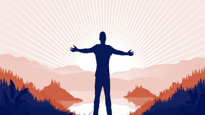 Ilustração de um homem de braços abertos em uma floresta