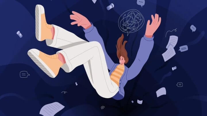Ilustração de uma mulher caindo em meio aos seus pensamentos
