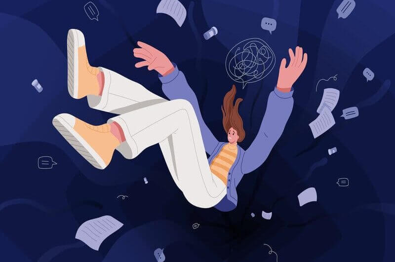 Ilustração de uma mulher caindo em meio aos seus pensamentos