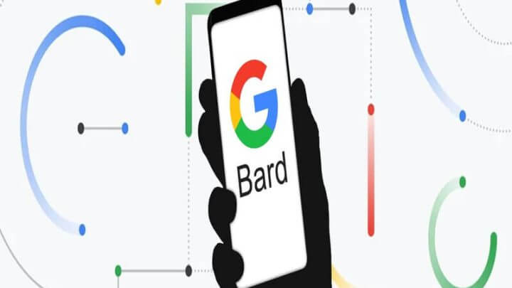 Mão segurando celular com logo do Google e escrito "bard"