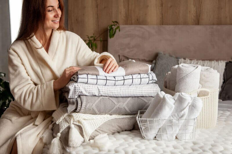 A mulher sentada e dobrando a roupa de cama