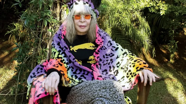 Rita Lee sentada em área externa, com óculos escuros e manta de onça.