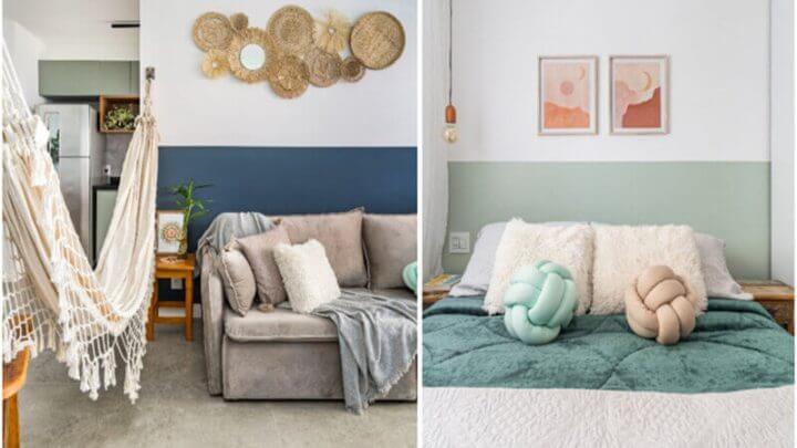 Sala de estar com parede branca e azul e quarto com parede verde e branca