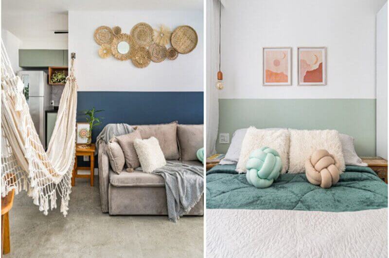 Sala de estar com parede branca e azul e quarto com parede verde e branca