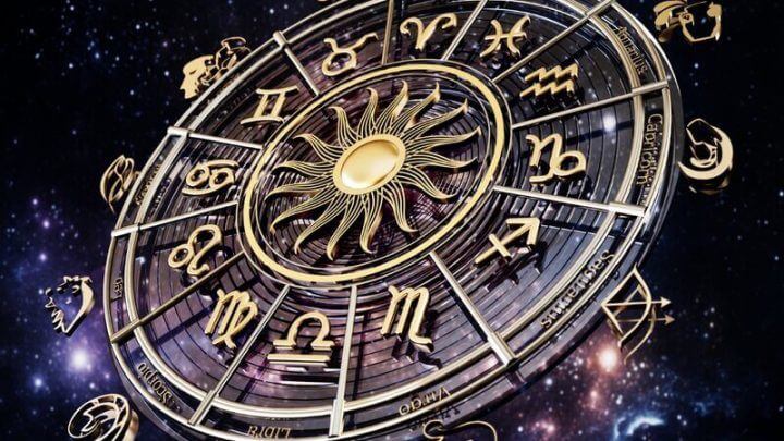 Circulo com os 12 signos do zodíaco em um céu estrelado