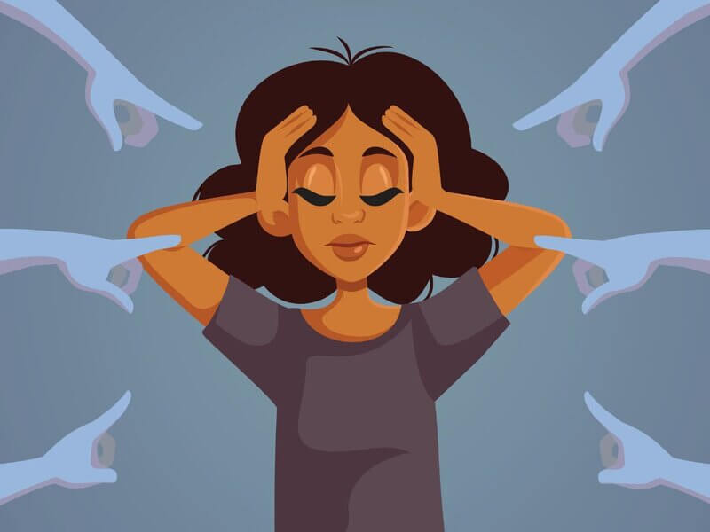 Ilustração de uma mulher com os olhos fechados e as mãos na cabeça com dedos apontando para ela
