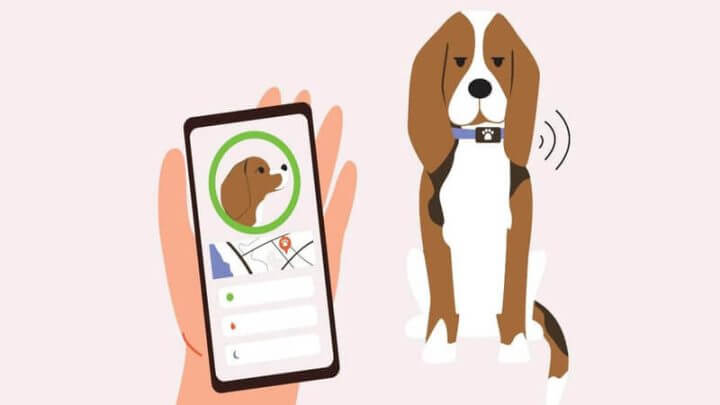 Ilustração de um cachorro com coleira inteligente e uma mão com celular rastreando