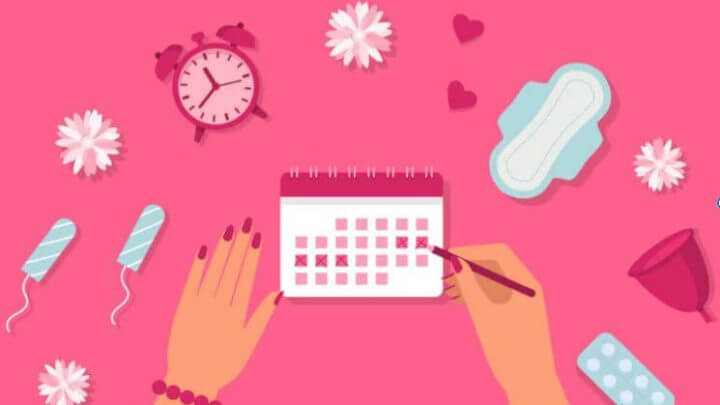 Ilustração de mão marcando dias em calendário, absorvente, relógio e flores