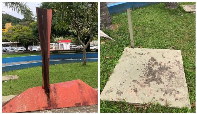 Depredado (esq), monumento desapareceu (dir)