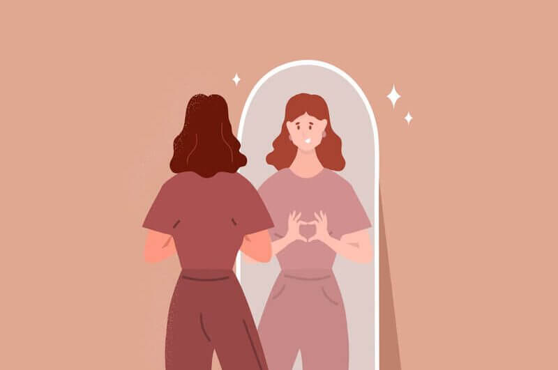 Ilustração de uma mulher se olhando no espelho