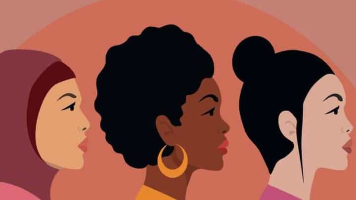 Ilustração de três mulheres de raças diferentes em um fundo vermelho