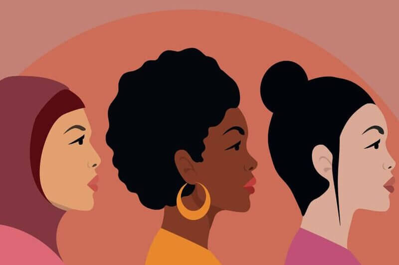 Ilustração de três mulheres de raças diferentes em um fundo vermelho