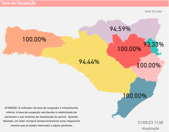 Mapa mostra a taxa de ocupação em leitos infantis (Foto: SES/Reprodução)
