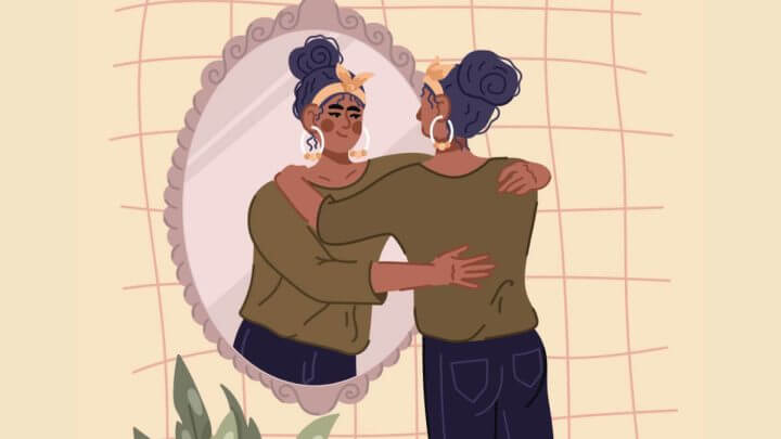 Ilustração de mulher abraçando seu próprio reflexo no espelho