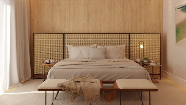Quarto decorado para o inverno - fundo de madeira, cama com lençóis cinza