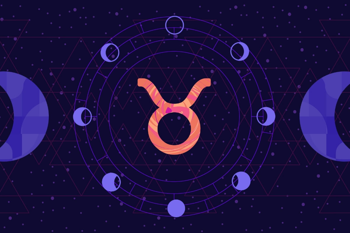 Ilustração do signo de Touro cercado pelas fases da Lua