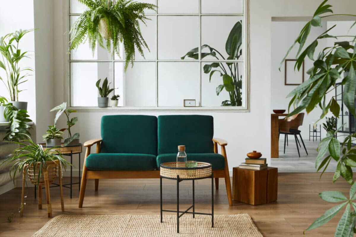 Sala de estar com poltrona verde, mesa de centro e diversas plantas na decoração