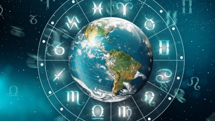 Ilustração do planeta Terra dentro de um circulo com os 12 signos do zodíaco