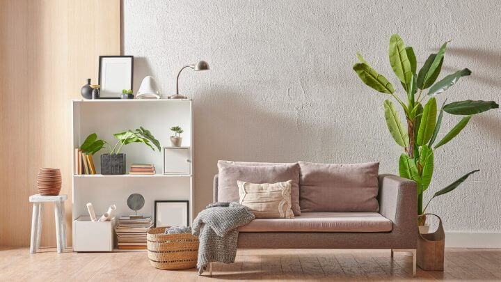 Sala de estar com sofá, vaso de planta e prateleira branca